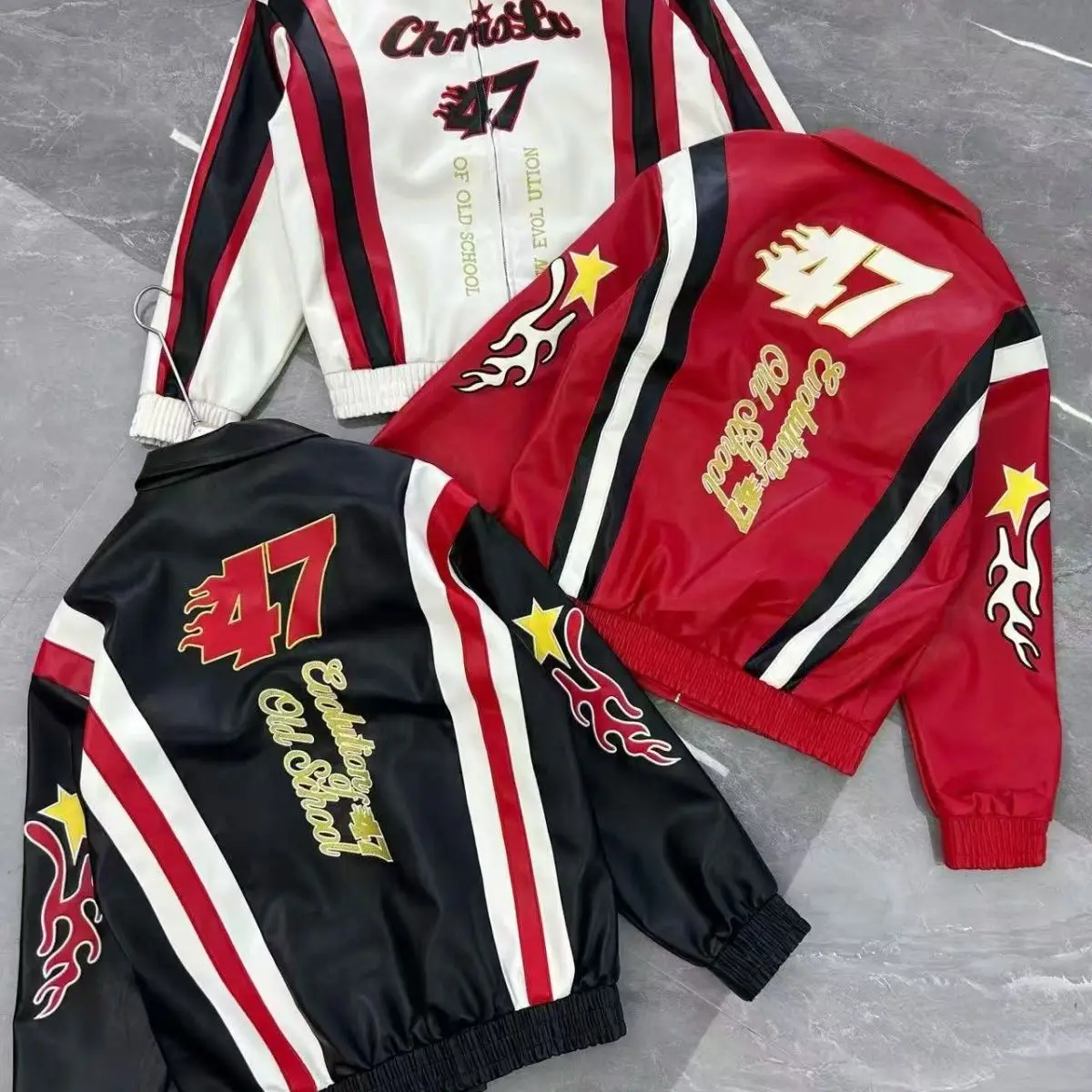 سترات جلدية أمريكية كلاسيكية مرقعة مطرزة بنمط علوي سترة شتوية عصرية كورية عالية الشارع بياقة بيسبول للرجال #1