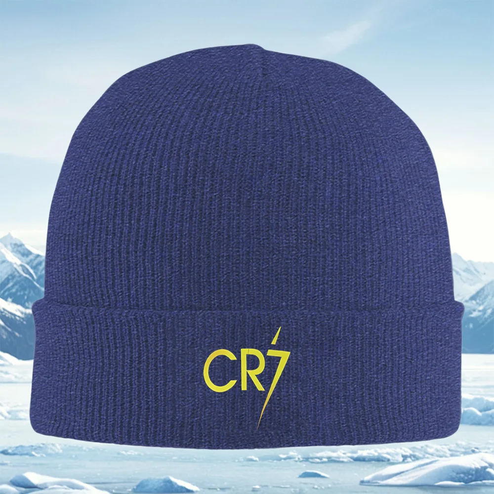 Letras amarillas CR7 fondo negro simple hombres mujeres Unisex sombrero de punto gorro Jersey gorra invierno térmico cálido Navidad Outdoo