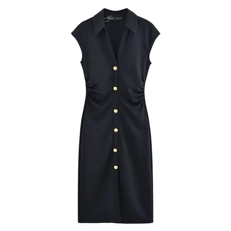 HXAO Ruched فساتين حريمي 2025 الصيف Bodycon فساتين الحفلات الأنيقة بلا أكمام الصلبة فساتين متوسطة الطول زر قميص طويل فستان 088 #5