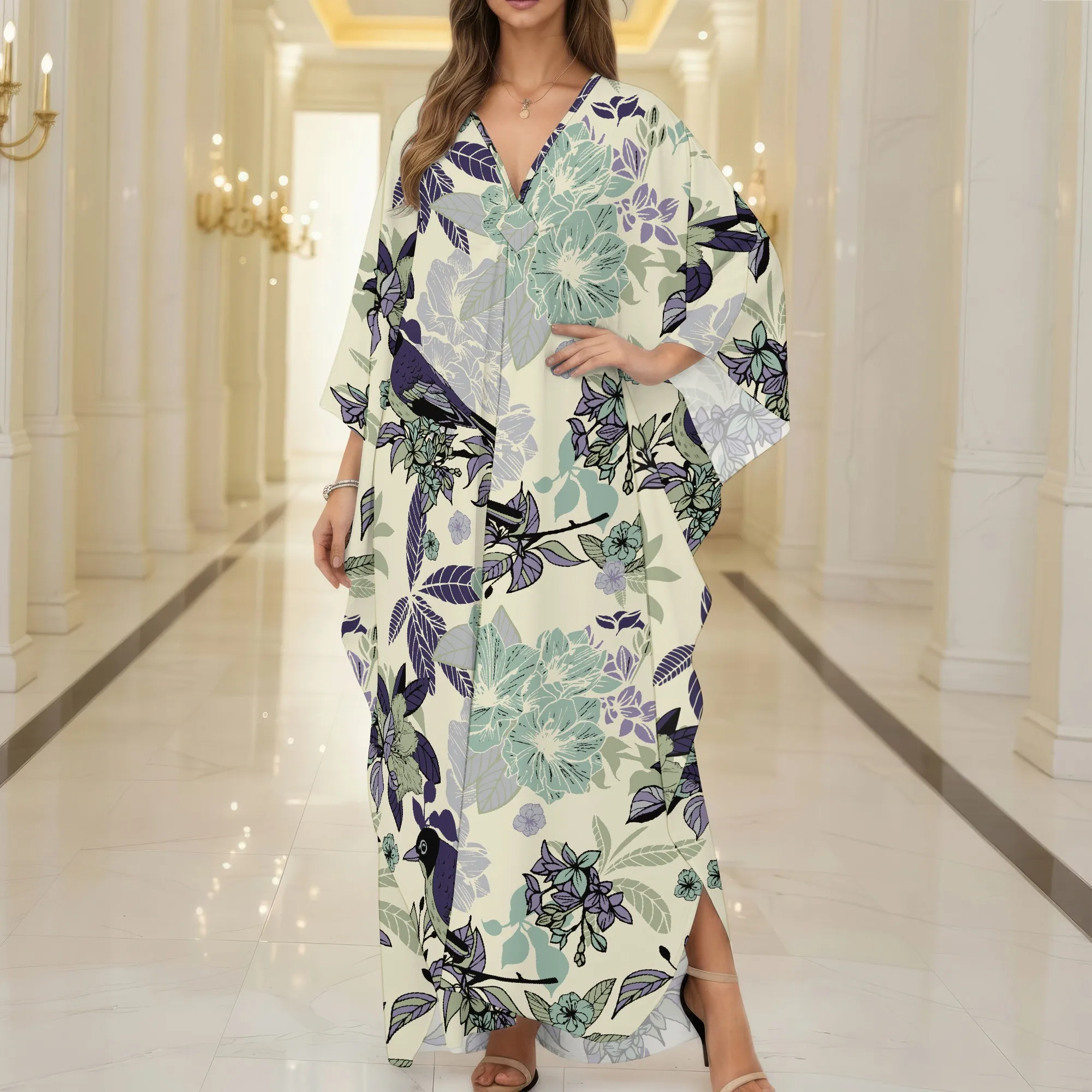 

Women's Summer and Autumn Fashion 3D Printed Style, V-neck Casual Home Pocket Free Dress (One Size)