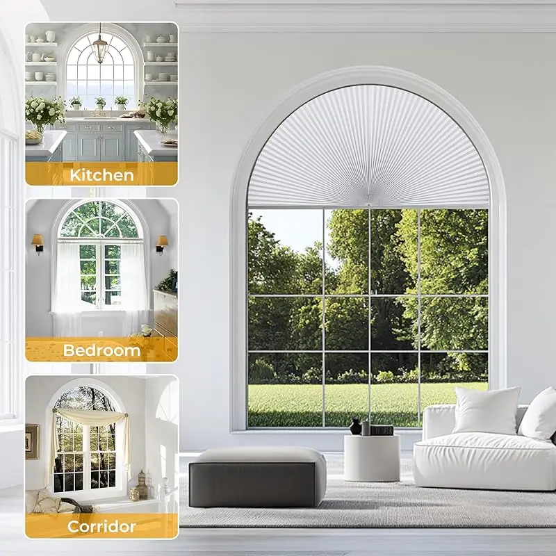 2026 New Custom Half Circle Blackout White Fabric Darkening Shades Easy Install Manual Cellular Honeycomb Blinds For Arch Window