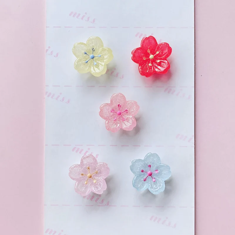 10Pcs Glitter Cherry Blossom Flowers Resin Jewelry Accessories Hairpin Hair Ring Jewelry Material DIY Appliques Phone Deco Part