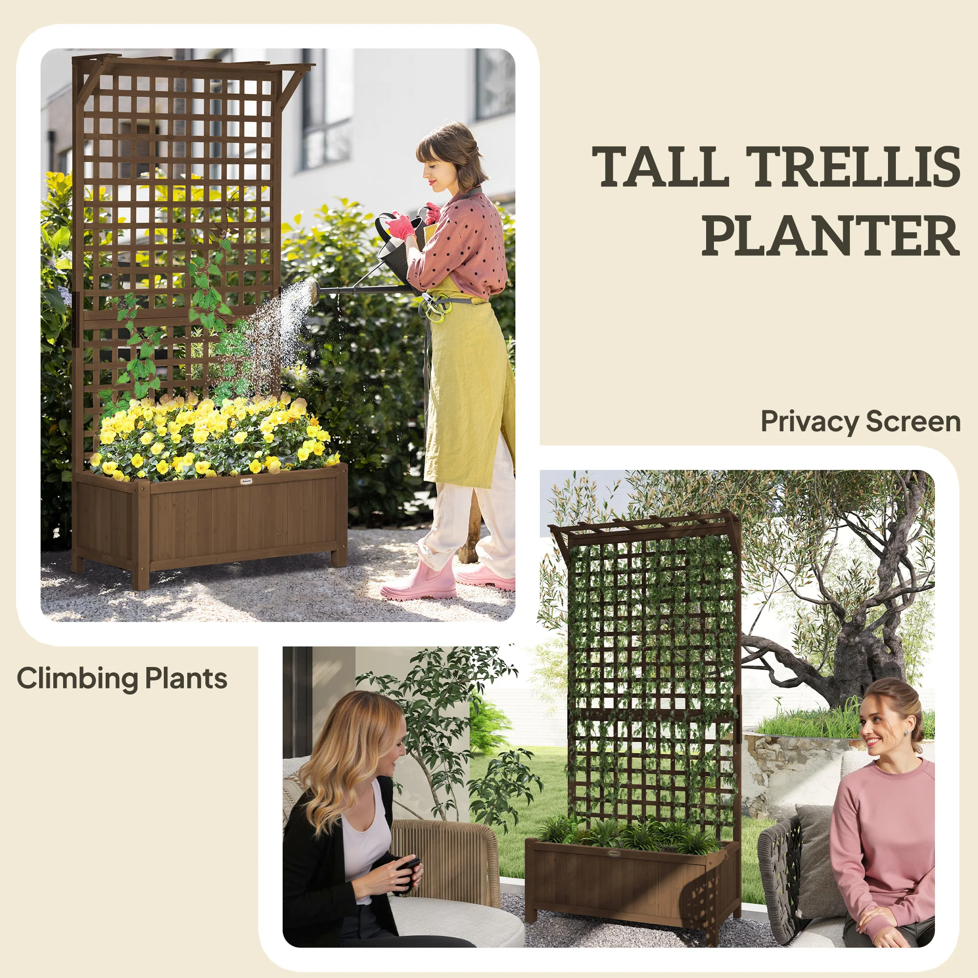 Wooden Trellis Planter with Drain Holes for Herbs Raised Bed for Garden Brown