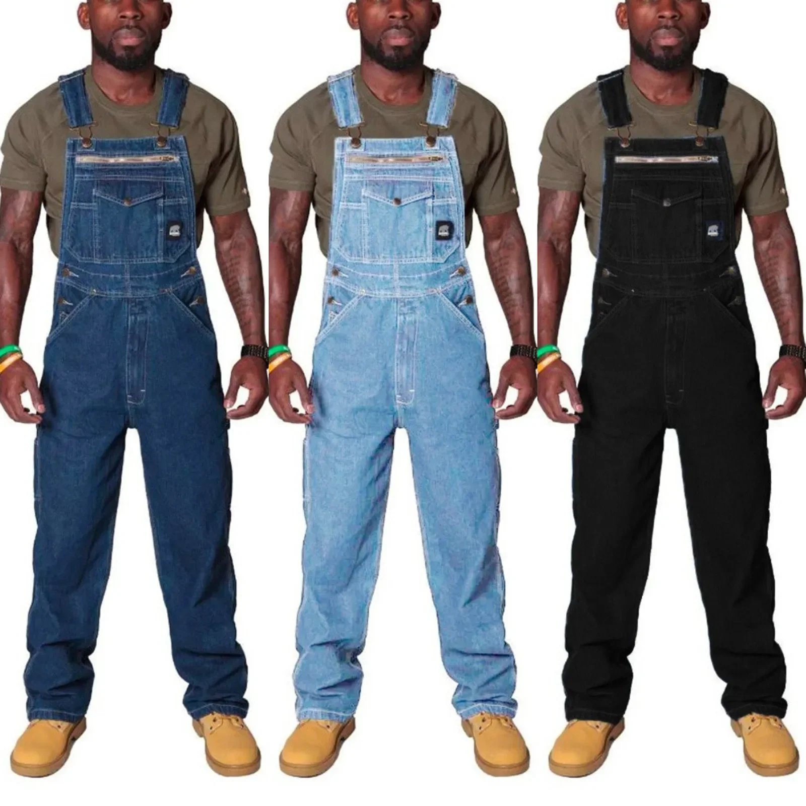 

New Men'S Bib Jeans European And American Large Size Vintage Straight Loose Jumpsuit Adjustable Suspenders Jeans Streetwear