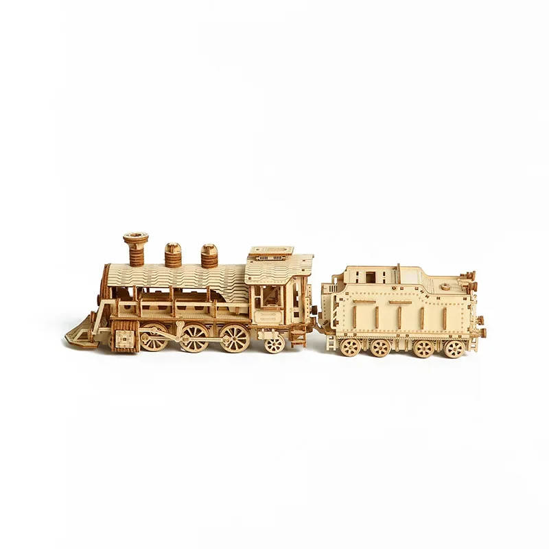 3d Wooden Steam Train Model Toy Kids Building Block Puzzles Linden Assembly Simulation Vehicle Car Ship Plane Cat for Boys Gift