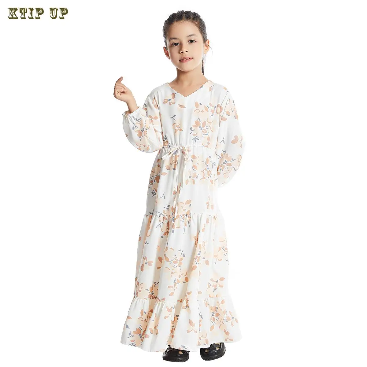 Ramadan Fashion Muslim Children Abaya Print Girl Maxi Dress Long Robe Gowns Kimono Cute Jubah Middle East Arab Islamic Clothing