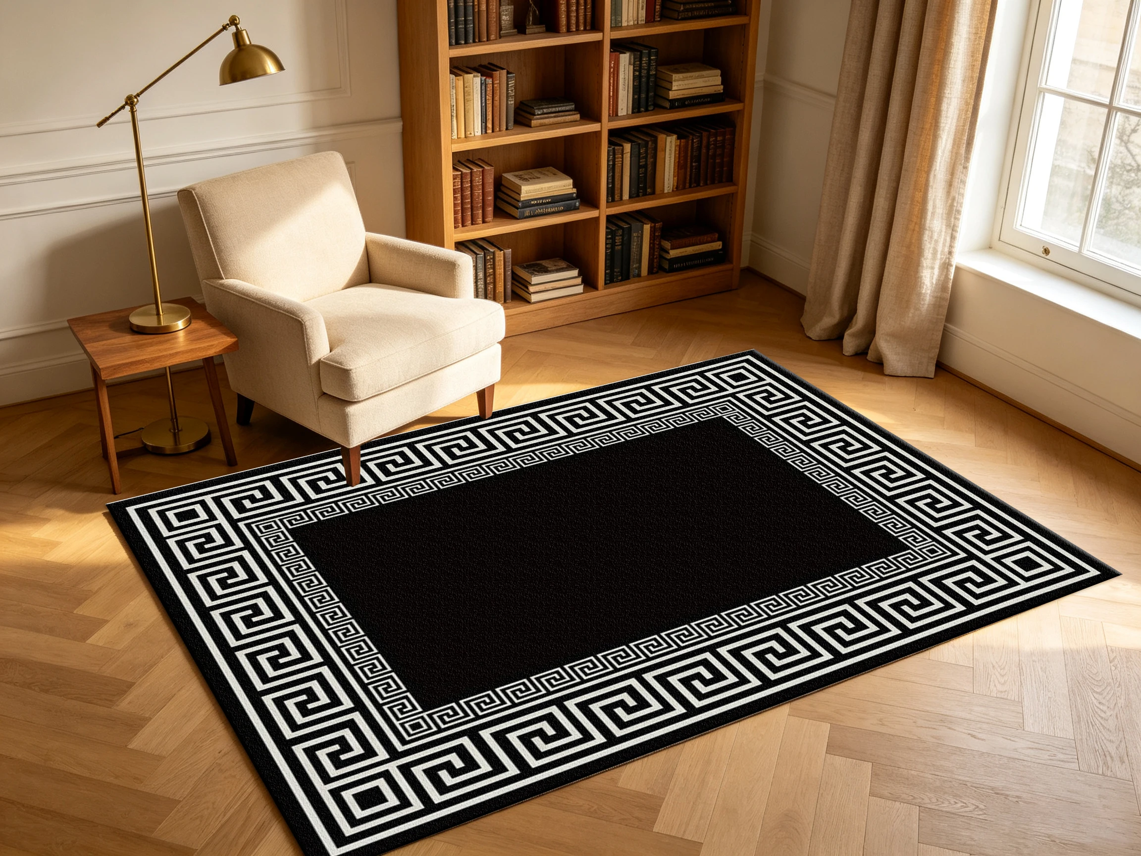 Greek Key Geometric Border Carpet Flooring, Modern Minimalist Rectangle Area Rug for Living Room Hallway Decor