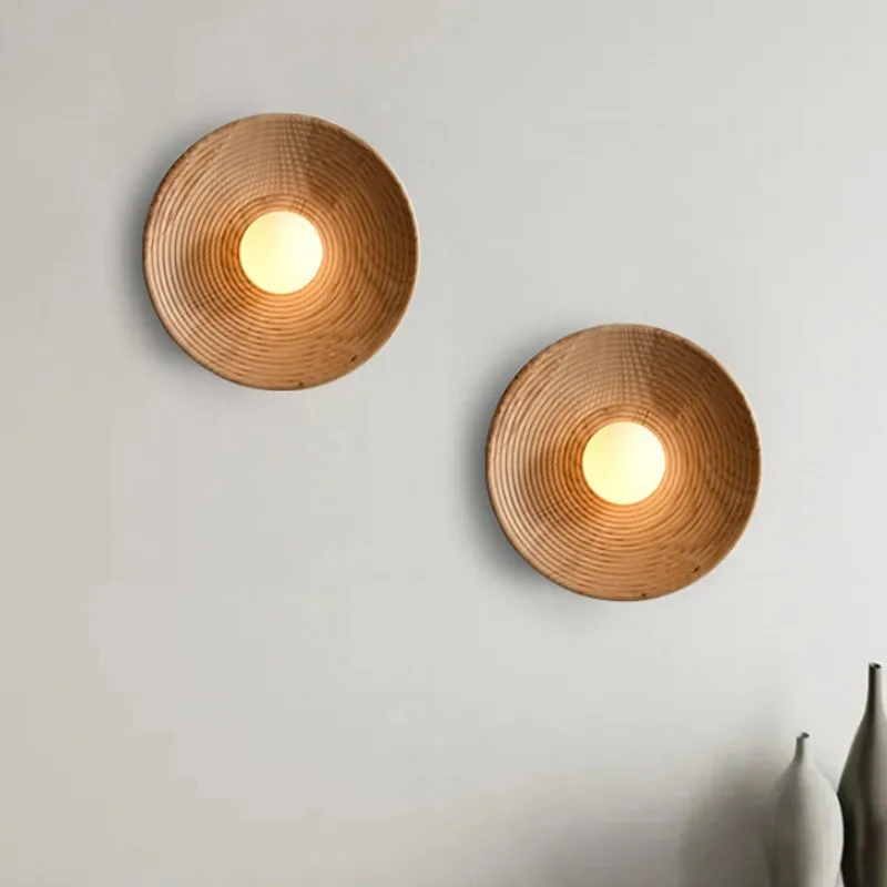 

Danish Japanese Wabi-Sabi Solid Wood Round Wall Light -Mid-Century Designer Ambient Sconce for Accent Wall,Bedside & Hospitality