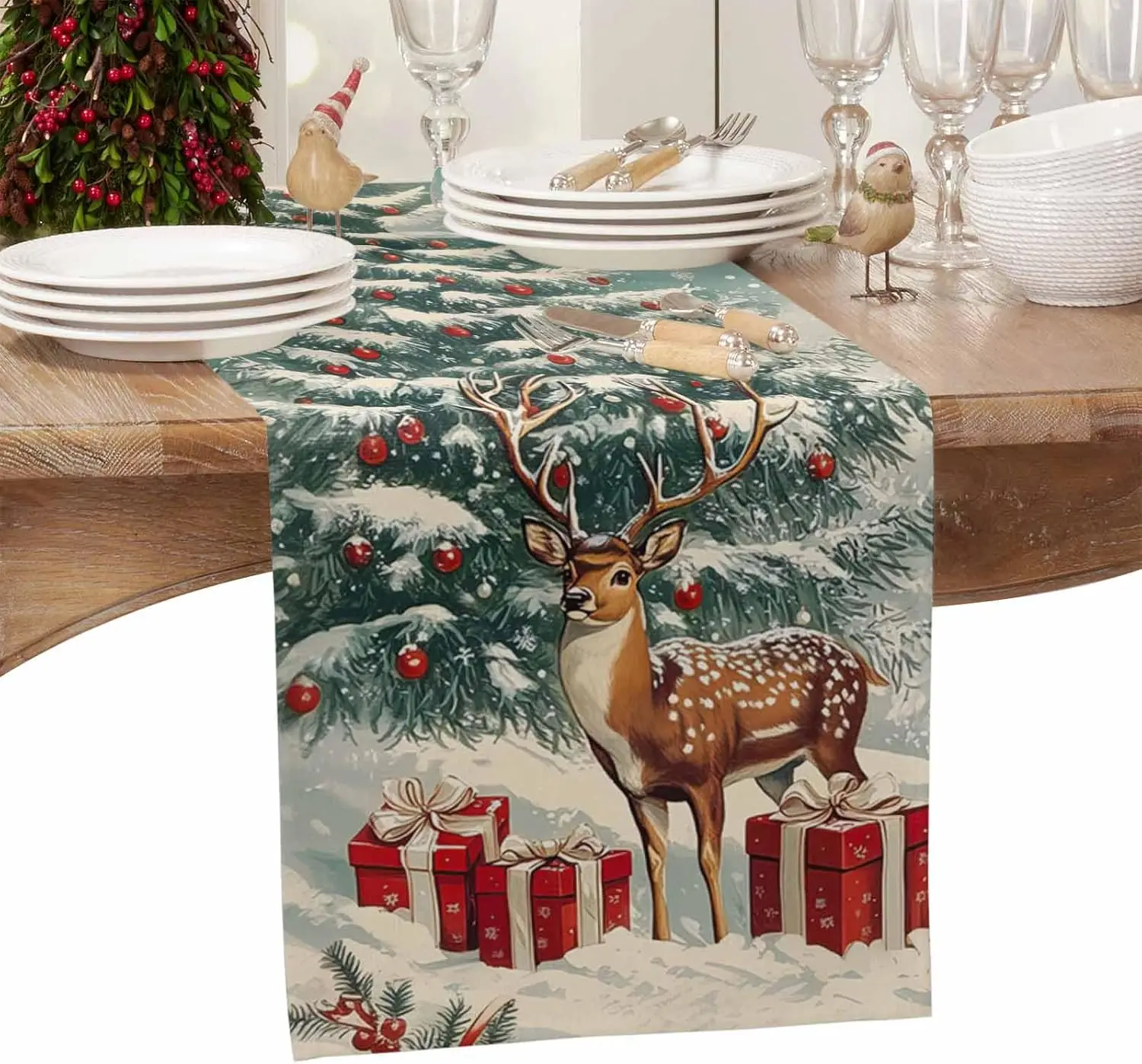 Merry Christmas Tree Elk Snowflake Linen Table Runner Party Decor Winter Xmas Kitchen Dining Table Runners Christmas Decorations
