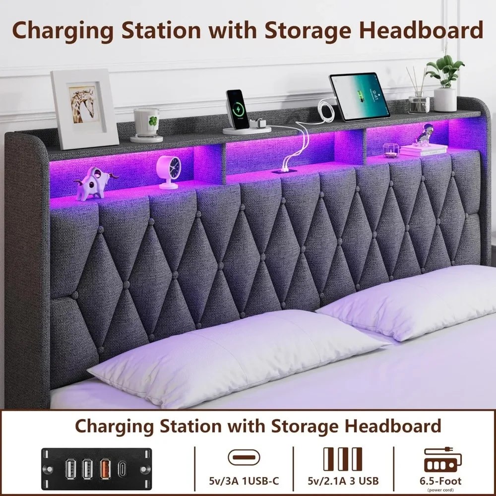 King Size Bed Frame with 3 Storage Drawers, Upholstered King Bed Frame with LED Lights Headboard and Charging Station