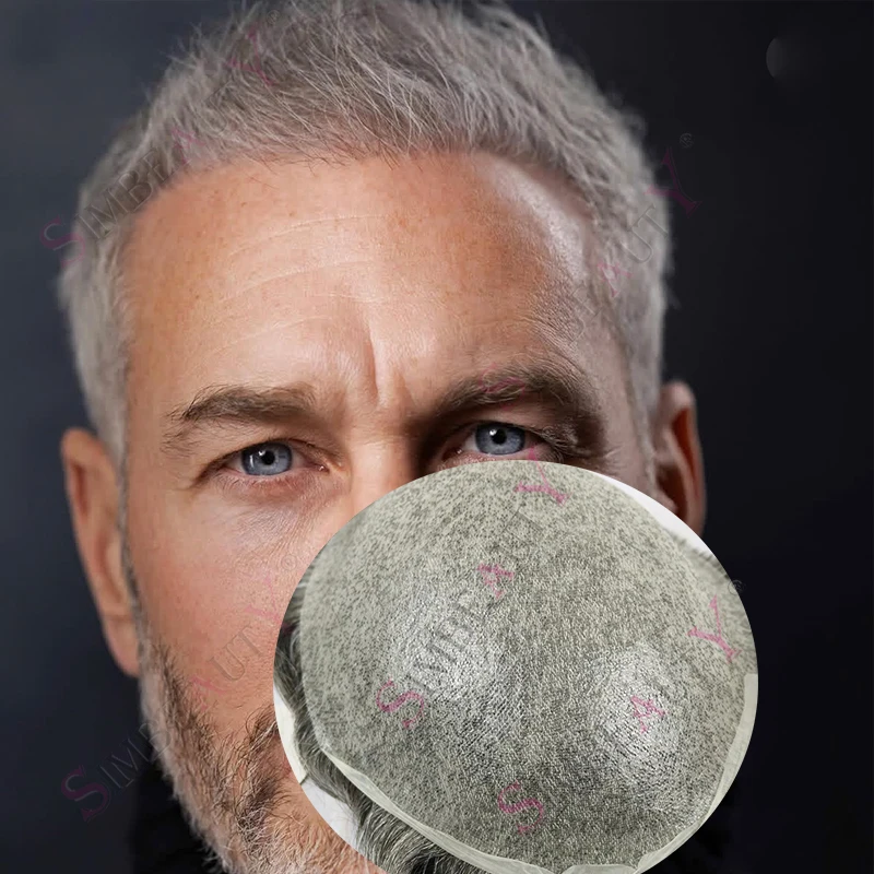 

Натуральный парик-накладка из европейских человеческих волос, 90% плотность, ультратонкая основа 0.03 мм, светлый блонд, для лысых мужчин, серый 1B65, замещающий протез