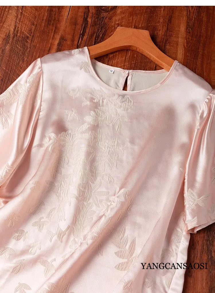 Peach Pink 42% Natural Mulberry Silk Relief Guanle Crepe Petal Hem Round Neck Short Sleeved Women's Fashionable Casual T-shirt