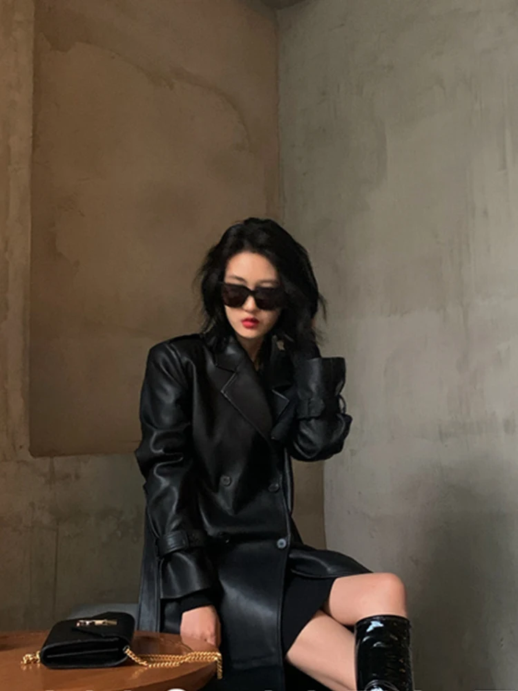 Lautaro Spring Autumn Long Black Soft Pu Leather Trench Coat for Women Belt Double Breasted Cool Handsome European Fashion 2022