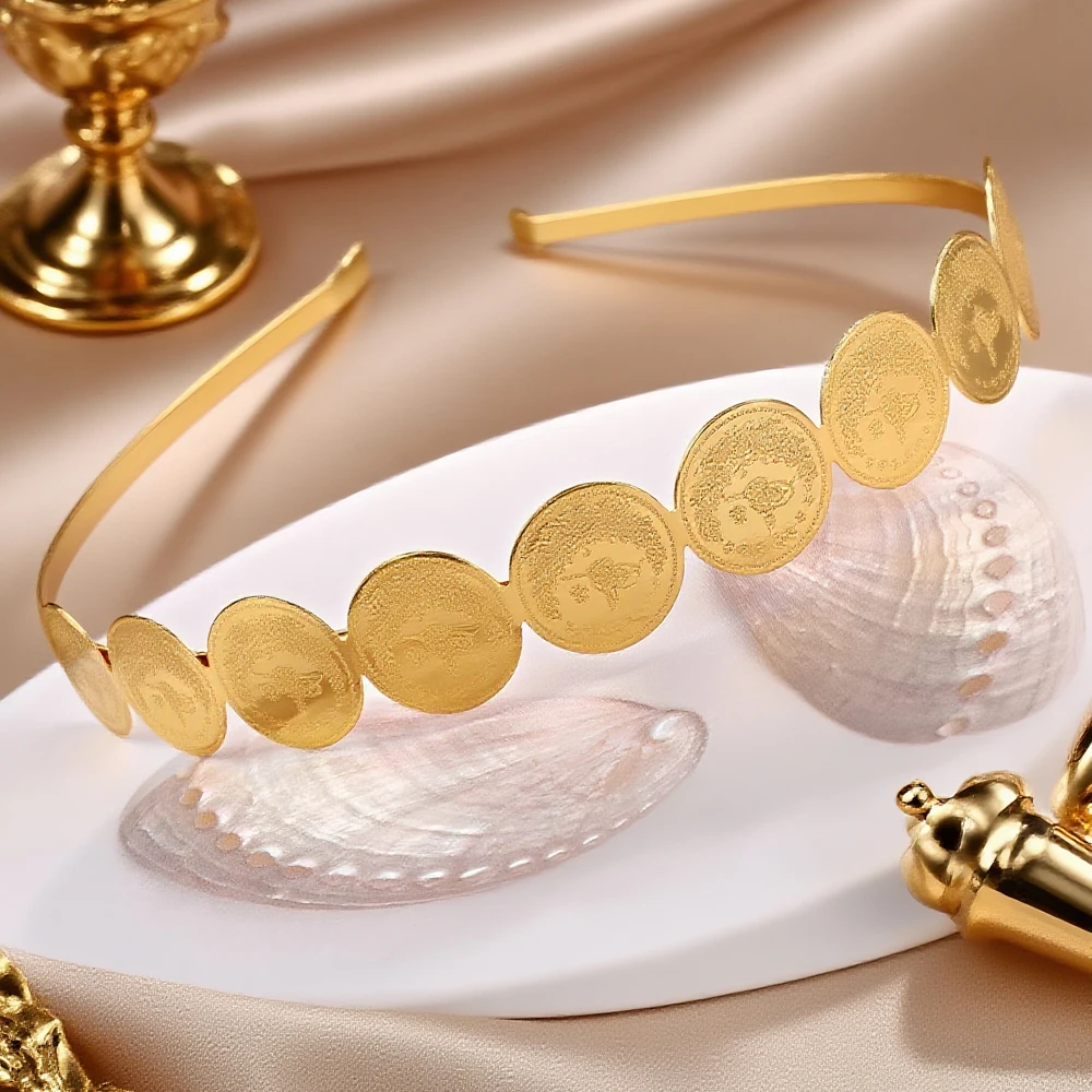 مشبك شعر مطلي بالذهب لحفل الزفاف ، Diademas الفقرة El Pelo العرقية ، أزياء الشرق الأوسط ، قطعة رأس عملة عربية ، ملابس شعر معدنية #4