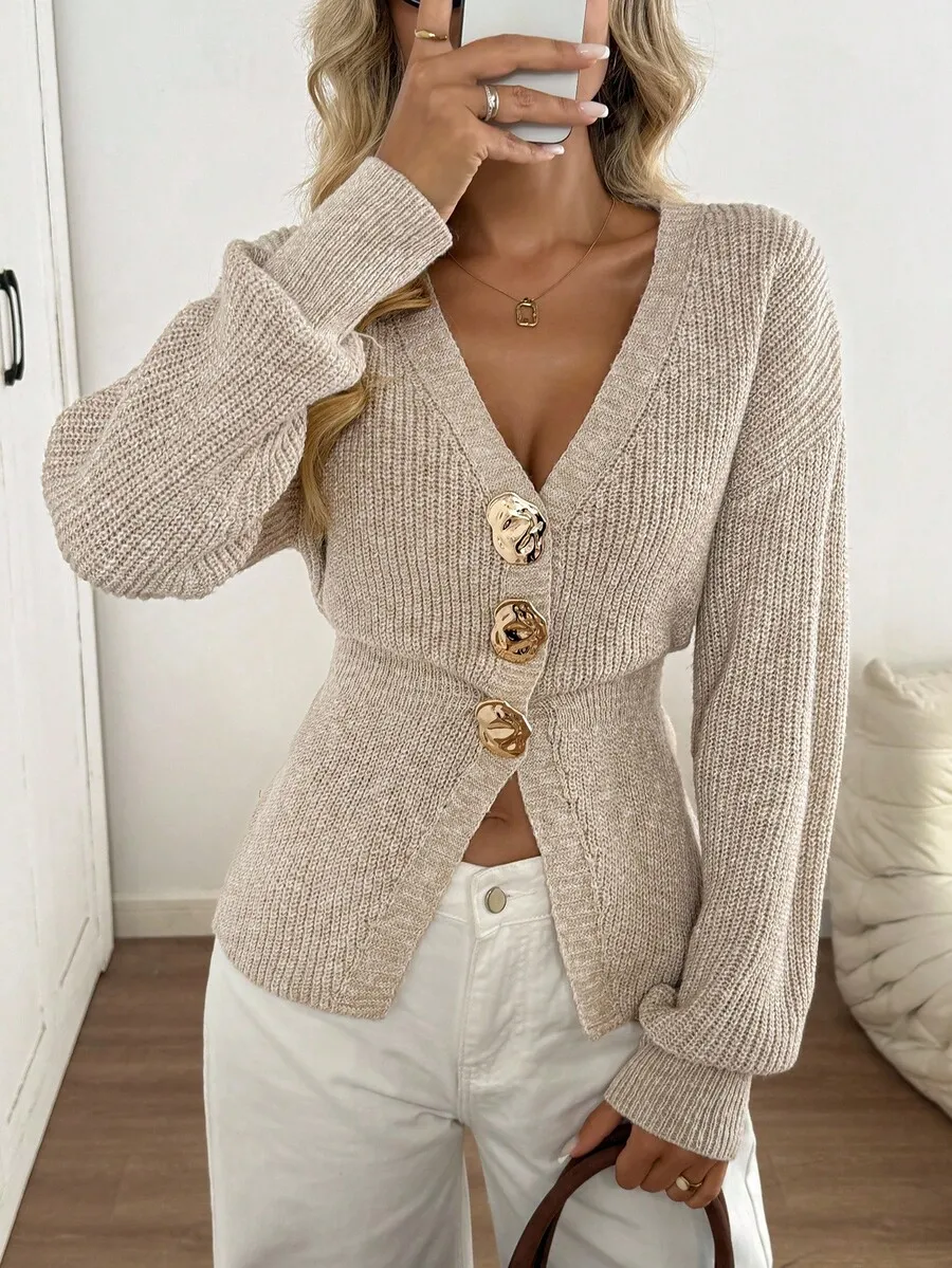 

Beige V-Neck Button-Up Knit Cardigan with Cinched Waist and Dropped Shoulders