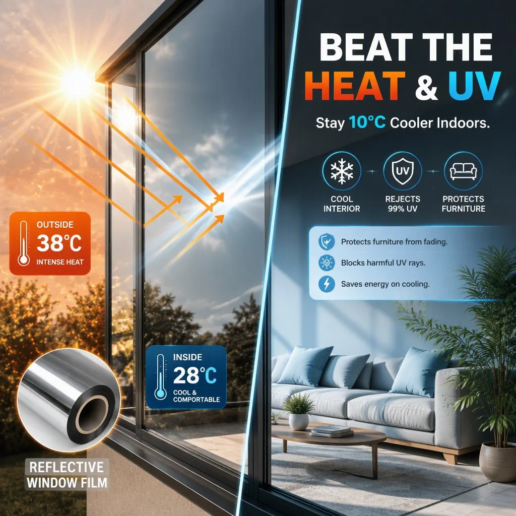 One Way Mirror Privacy Window Film Self Adhesive Sun Block Heat Control UV Protection Removable for Office Home Glass Door