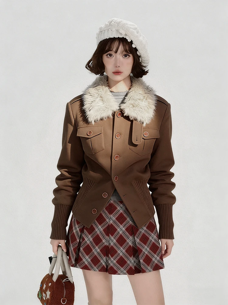 

Retro Sle ort Coat Women's Autumn Winter Faion Top Waist-Cinching Fur Collar Jaet Breathable Polyester Cotton Blend