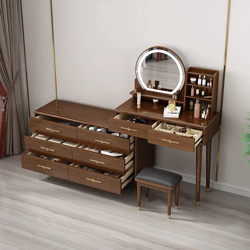 

Middle Ancient Solid Wood Makeup Table Bucket Cabinet Integrated Bedroom Dressing Table with Makeup Mirror Storage Cabinet