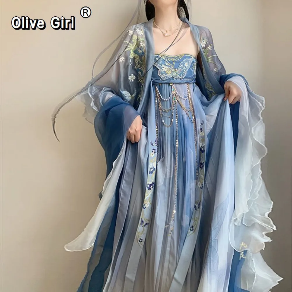 

Original Hanfu Chinese Dress Cosplay Party Princess Embroidered Chest Length Long Sleeved Shirt Ancient Style in Summer