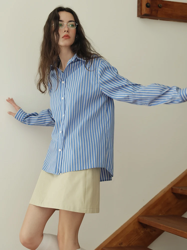 

Новая весенняя женская рубашка с длинным рукавом в полоску, повседневный топ для офиса, универсальная модель для многослойных образов, из смесового хлопка и полиэстера, с воротником