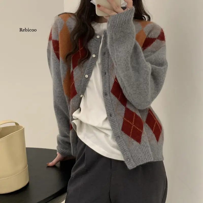 Vintage Plaid sweter sweter płaszcz jesień koreański styl sweter z dzianiny kobiet sprawdź z długim rękawem luźny sweter Femme