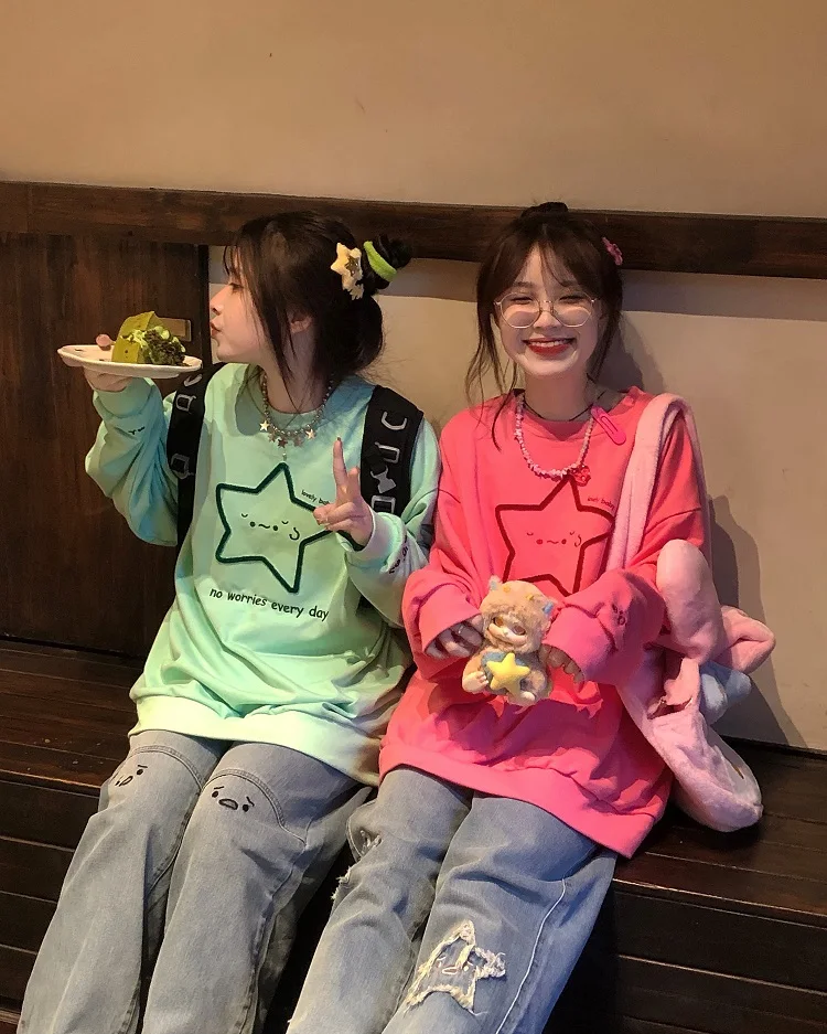 

Худи-толстовка с вышивкой «No Worry Stars», свободного кроя, осенняя, женская, милая, повседневная, разных цветов