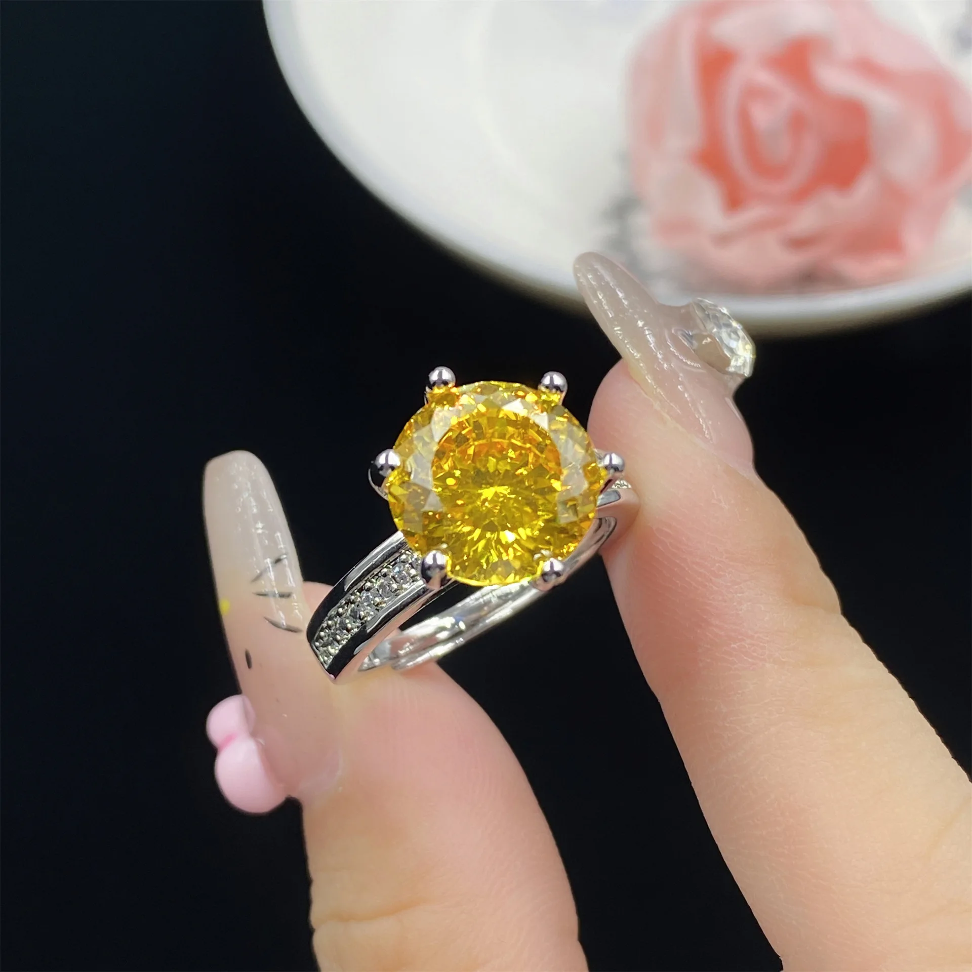 Classic Silver Color Inlaid Double Row Zircon Six Claw Open Ring For Women 5-carat Starry Sky Cut Yellow Circular Zirconia