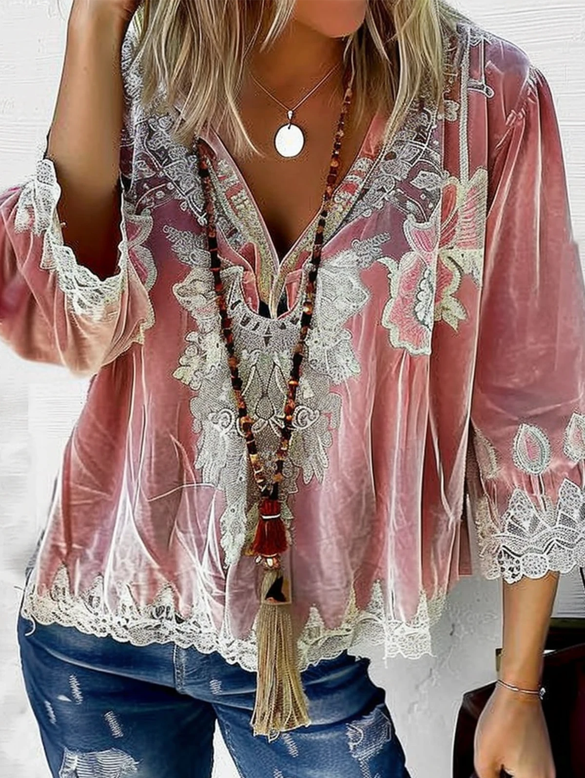 Elegant Shirt Women Top Casual Lace Boho Pattern V Neck 3/4 Sleeve Blouse Weekend Holiday Women Shirt Loose Blouse