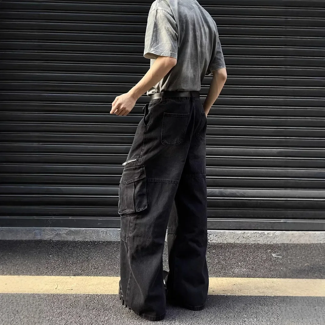กางเกงยีนส์ขายาวฮิปฮอปหลวมฤดูใบไม้ผลิและฤดูใบไม้ร่วงของผู้ชายพร้อมกระเป๋าซิปขนาดใหญ่ของแบรนด์แฟชั่น High Street สไตล์ชุดทํางาน