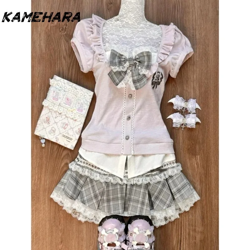 KAMEHARA Sweet and Spicy College Department Soft Girl Fake Two Pink Purple Checkered Top Grey High Waist Half Skirt 2 Piece Sets