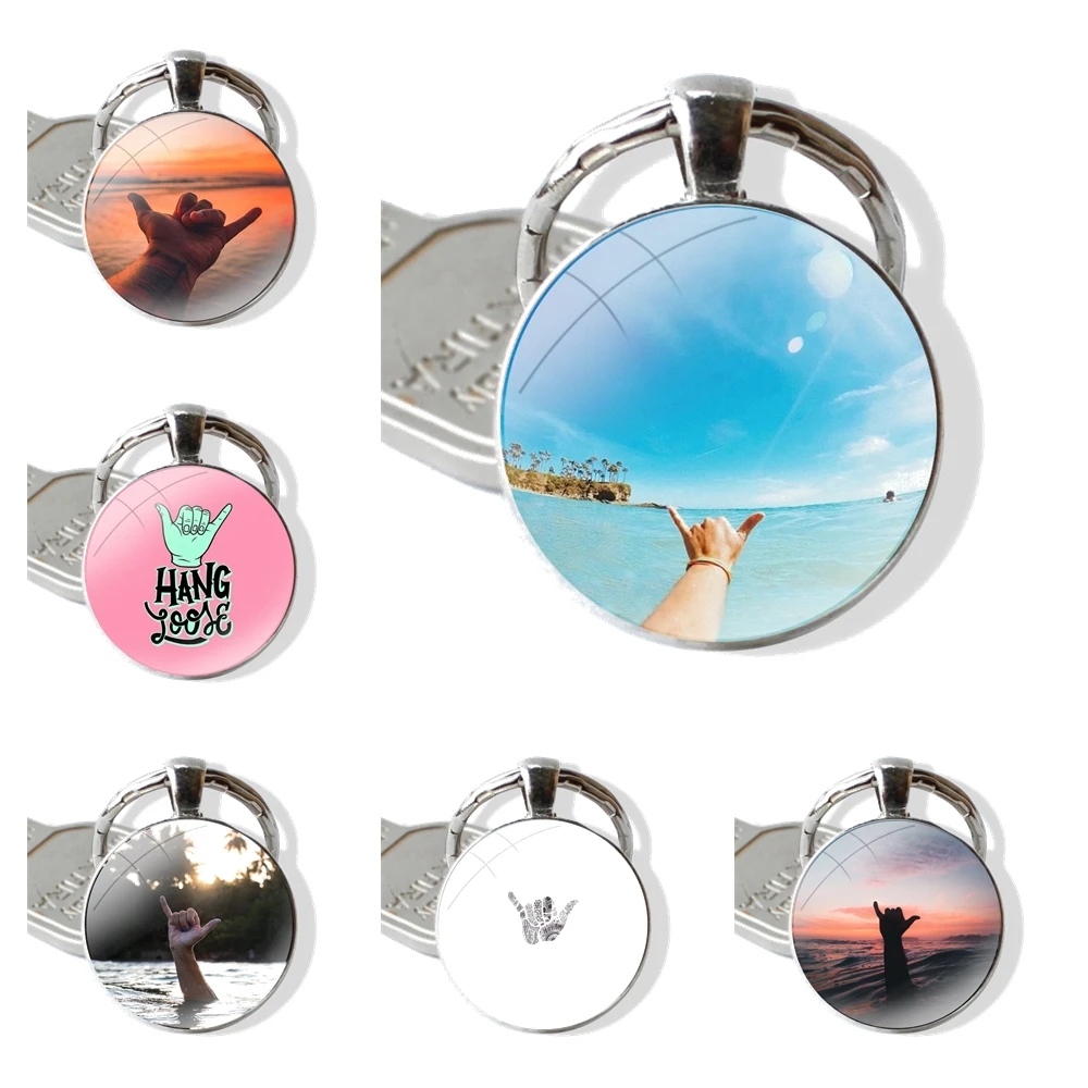 Surfer Surf Hang Loose Shaka Keychain Handmade Glass Cabochon Key Ring Holder Pendant Key Chains