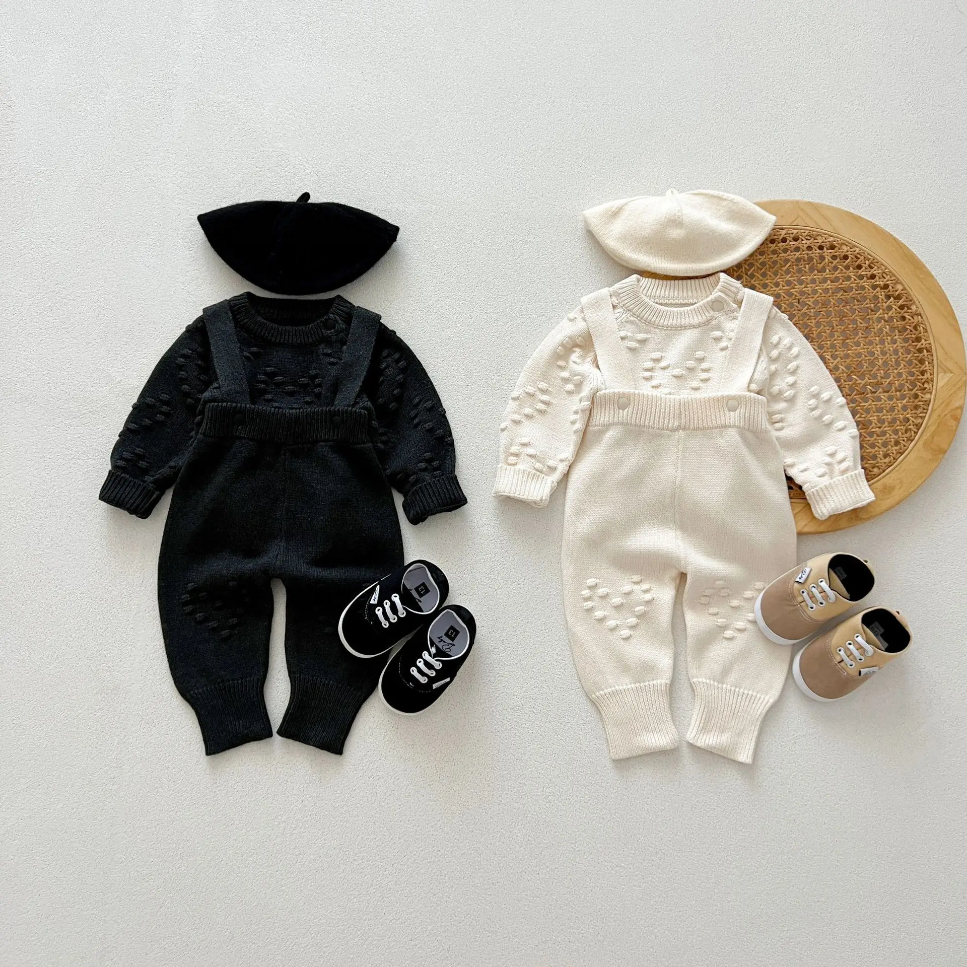 Korean Autumn Winter Baby Boys 2PCS Clothes Set Cotton Knitted Solid Pullovers Stretch Suspender Pants Suit Toddler Boys Outfits