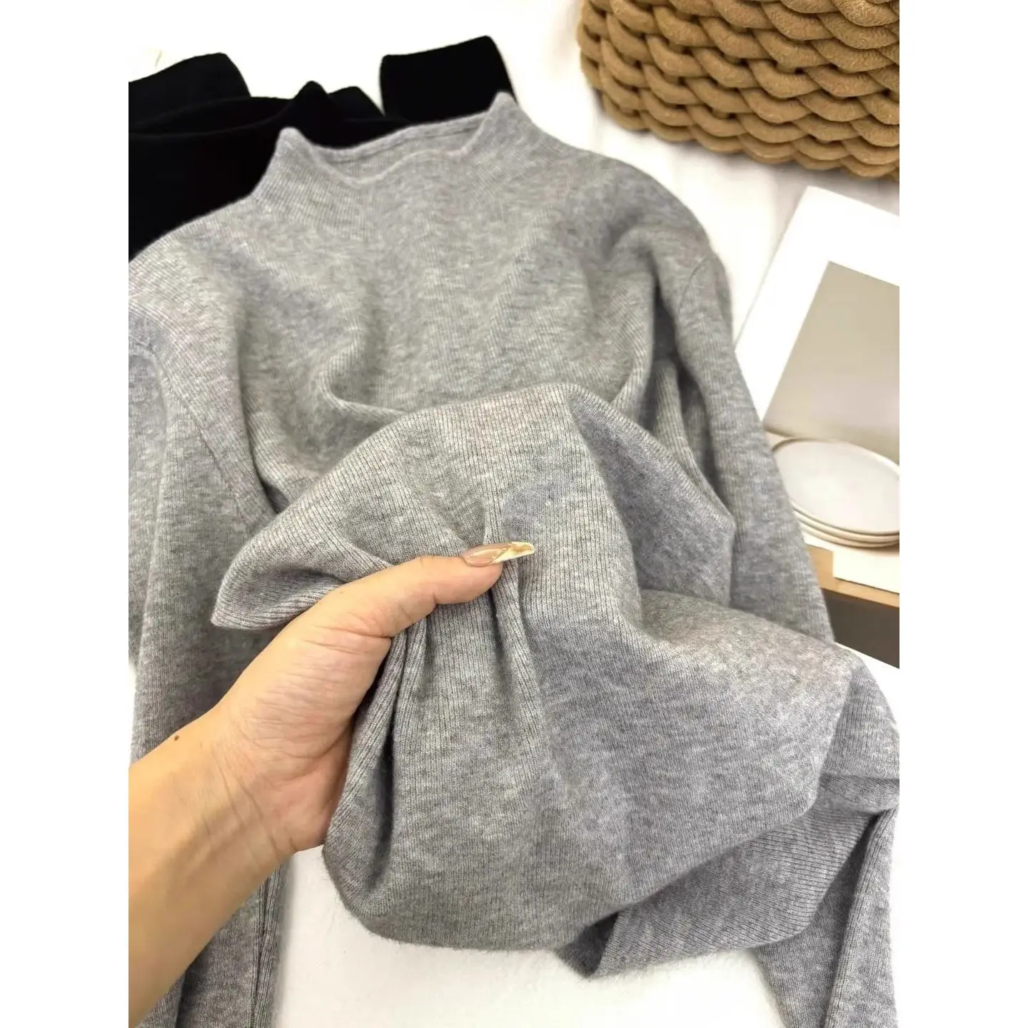 Korean Sle Women's Soft Cozy f High Ne Knitwear Slim Fit Autumn Winter Inner Wear Base irt Top Long Sve Pure Color