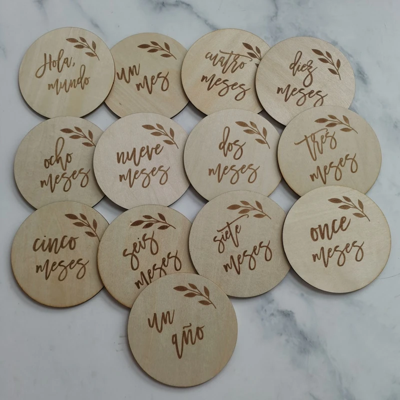 Spanish  Wooden Monthly Milestone Discs for Baby Photos  Engraved Wood Monthly Milestone Markers