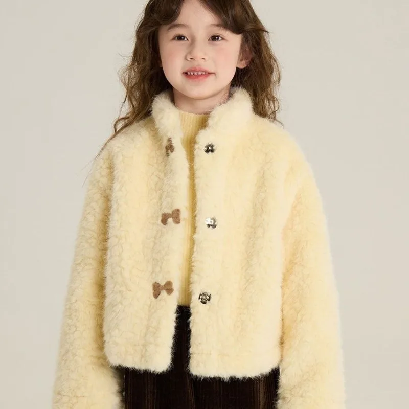 

2025 New Korean Style Fluffy Lamb Coat for Girls Thermal Insulated Thickened Winter Jacket Kids' Warm One Piece Cotton Coat