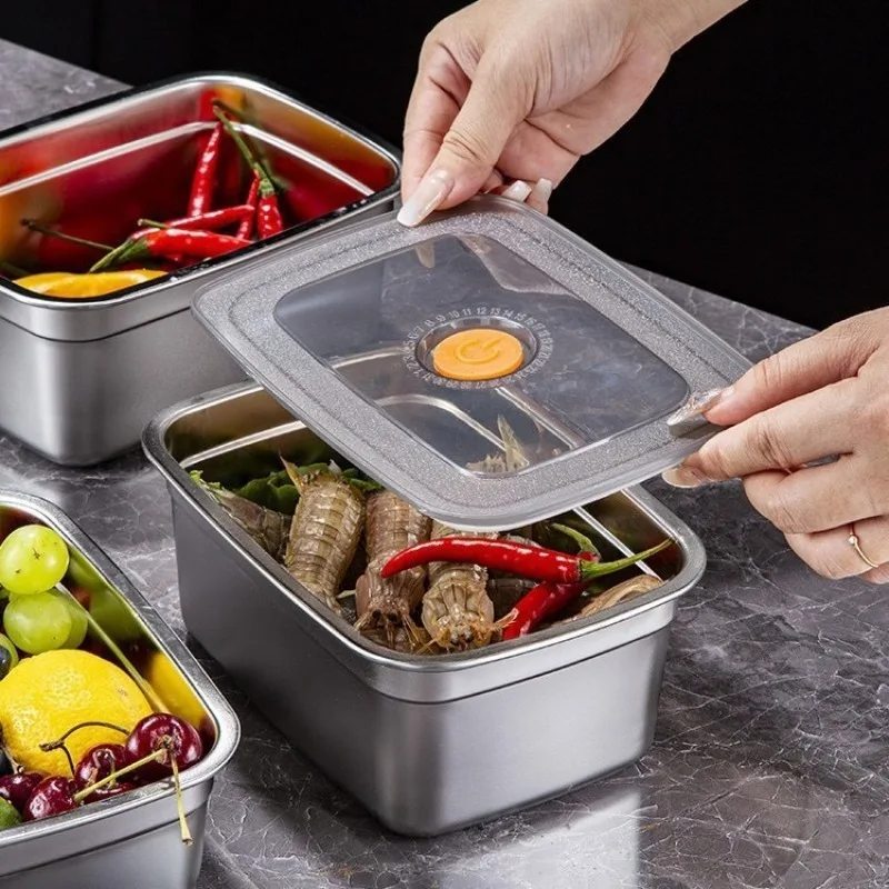 Stainless Steel Crisper Food Storage Container Noodles Fruit Lunch Box Thick fridge Organizer Plate Rectangle Dish with Cover