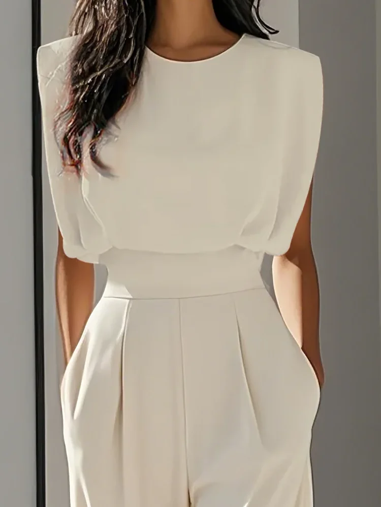 

Fashion Solid High Waist Straight Jumpsuits for Women Sexy Round Neck Pocket Playsuits Rompers Summer Sleeveless Simple Overalls