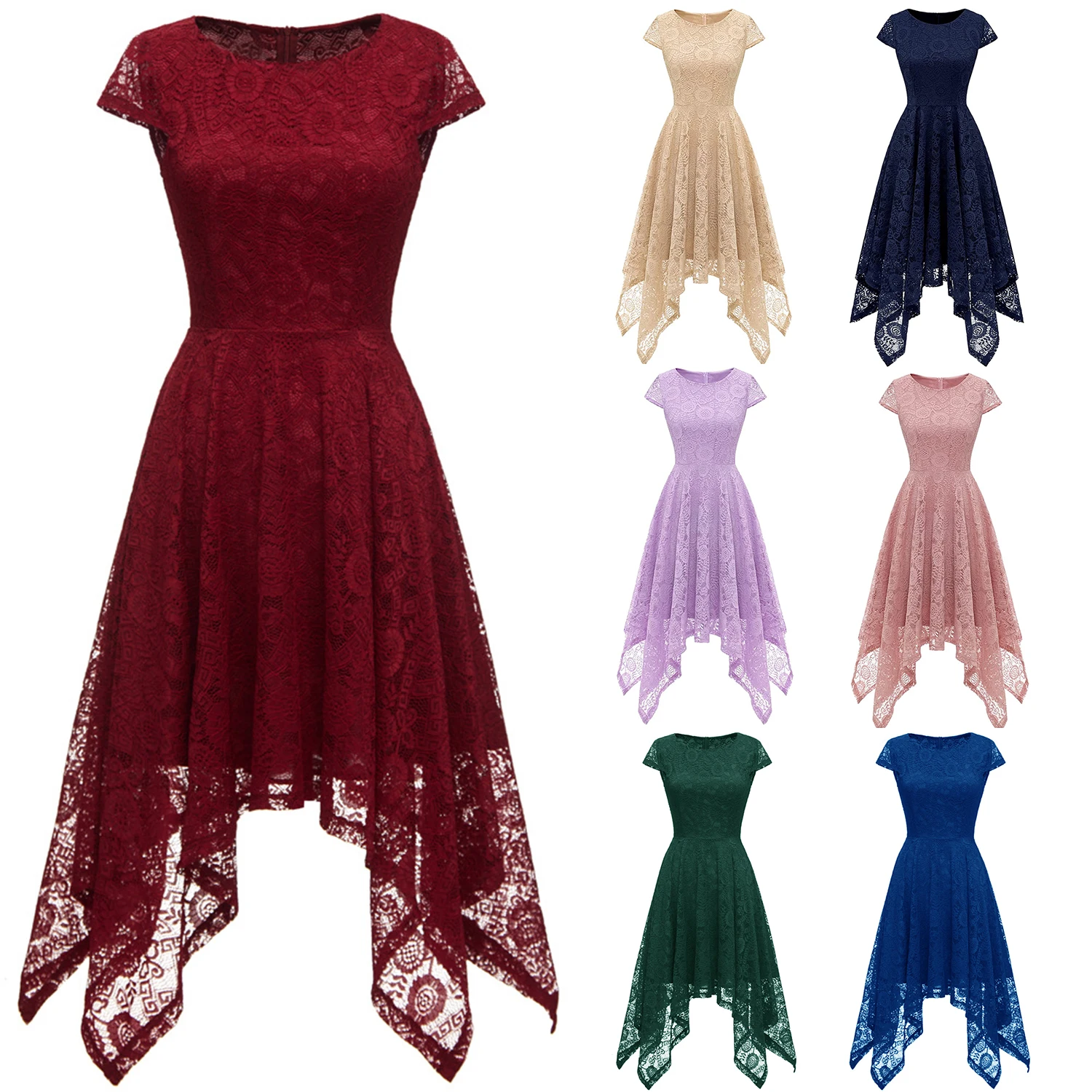 

Women's Elegant Floral Lace Cap Sleeve Asymmetrical Hem Cocktail Party Swing Dress