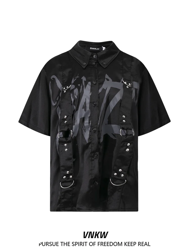 

Унисекс-рубашка в стиле панк с буквенным принтом, свободного кроя, с коротким рукавом, отложным воротником, в уличном стиле, повседневная, весенняя мода, из смесового полиэстера