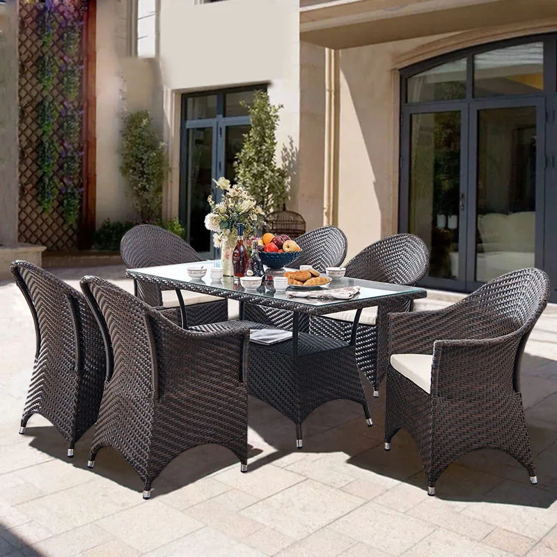 Outdoor combination rattan weave modern light luxury metal courtyard balcony open-air garden set tables and chairs for leisure