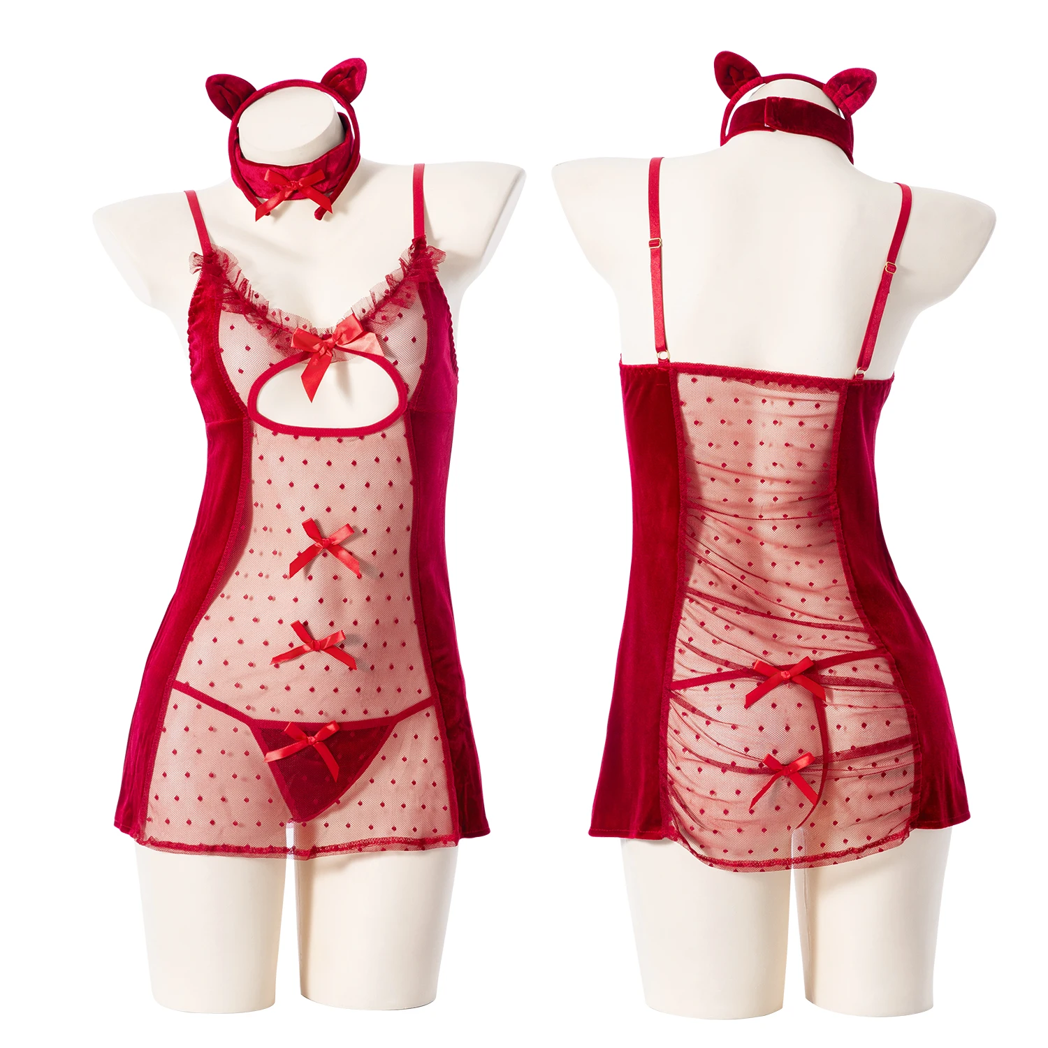 

Women Summer Maid Uniform Red Lace Mesh Transparent Pajamas Female Sexy Underwear Mesh Sexy Dress Cosplay Costume