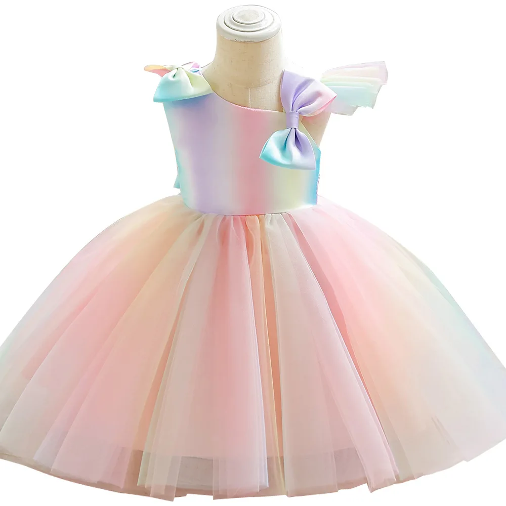 ELBCOS 1-6T Kid Girls Short Asymmetrical Sleeve Bowknot Bubble Skirt Colorful Costumes Evening Full Dress