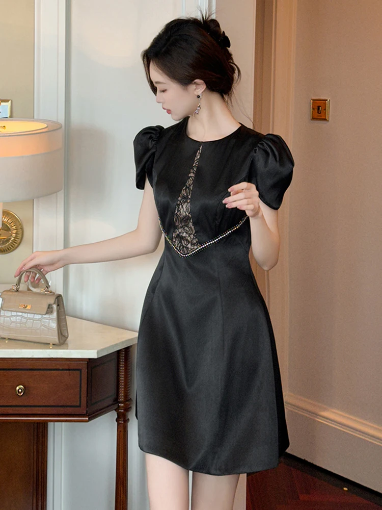 Elegant Black Satin Lace O-Neck Gown Evening Dress Women Clothes Puff Sleeve Slim Short A-Line Party  Birthday Vestidos Fiesta
