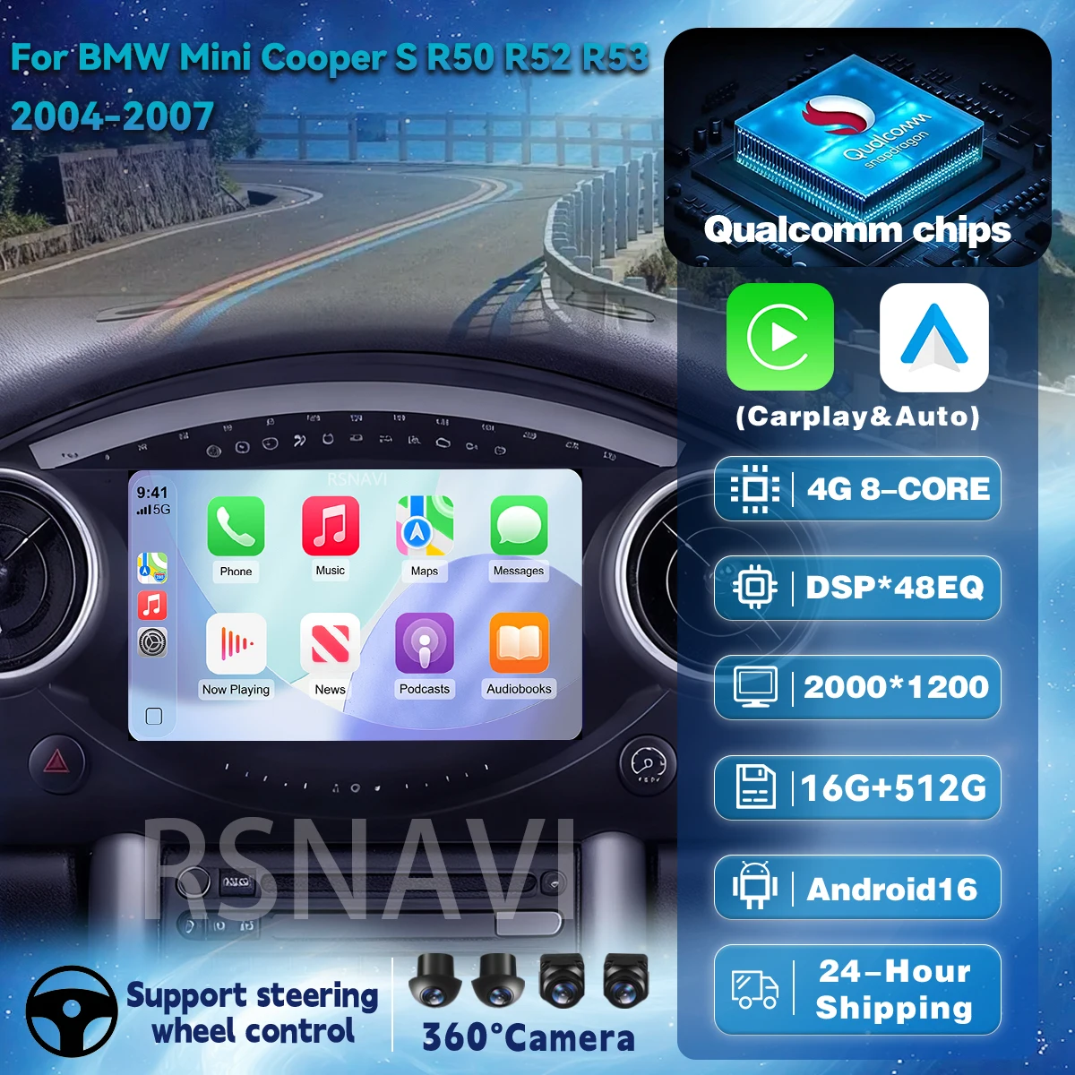 Radio Multimedia para Auto con Pantalla 2K y Android 16 Carplay para BMW Mini Cooper S R50 R52 R53 2004-2007 Qualcomm Snapdragon BT