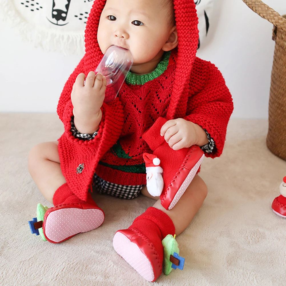 

Christmas Baby Socks 2 Pairs Red Cartoon Cotton Anti Skid Floor Socks Winter Shoes Gifts Present Soft Elastic Baby Clothing