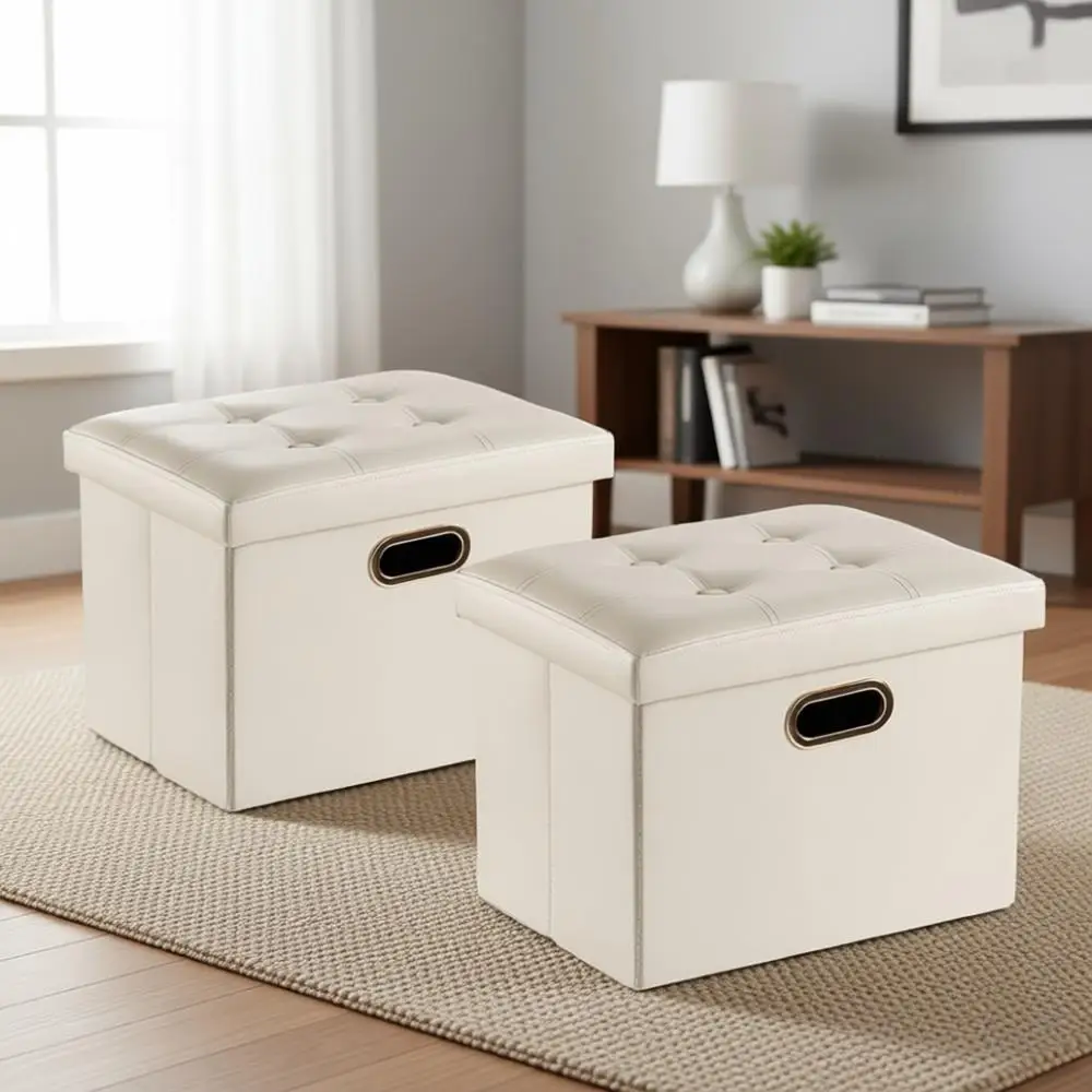 

Set of 2 Cream Leather Ottomans with Storage, 16, Supports 260lbs, Ideal for Living Spaces