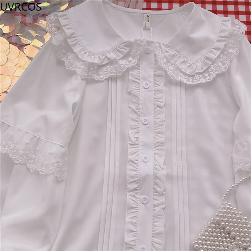 Camisa Lolita de manga comprida feminina, colarinho Peter Pan, plissado com renda, branca, elegante, estilo formal, blusas JK, fofas