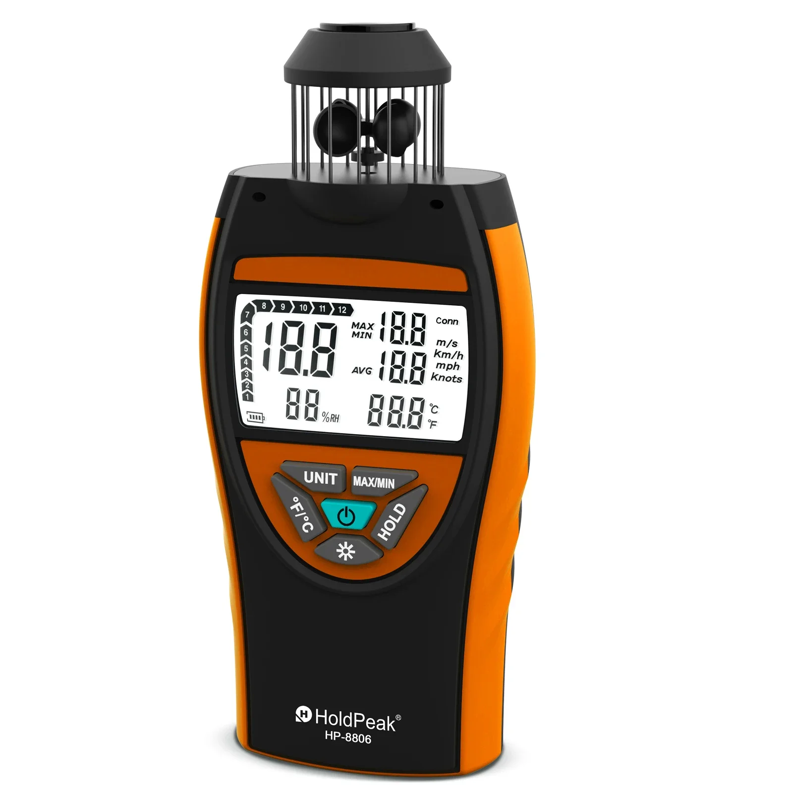 

HoldPeak HP-8806 Handheld Wind Cup Anemometer 2.5～150 KM/h AVG 6 Unit Adjustable with Temperature Measurement Backlight Display