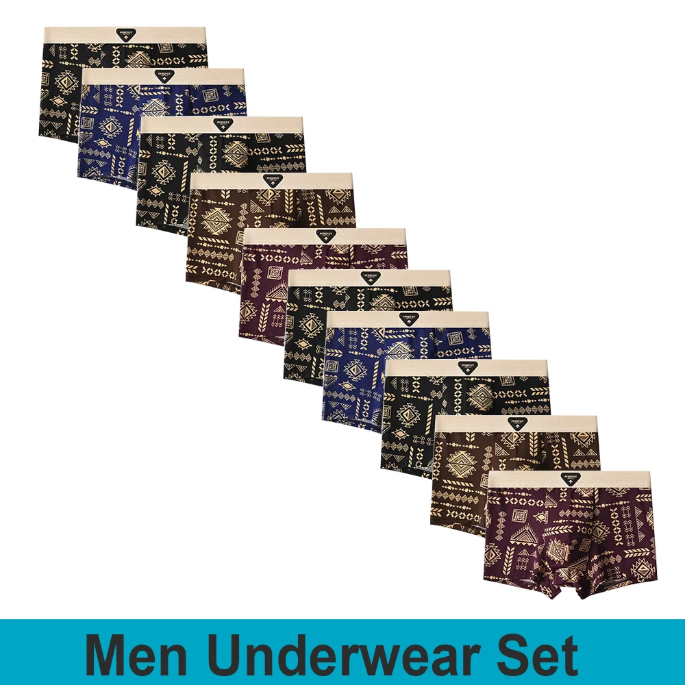 

8PCS Men's Boxer Retro Ethnic Style Comfortable Briefs Vintage Print Elastic Fashion Underwear for Man Lingerie Flat Underpants