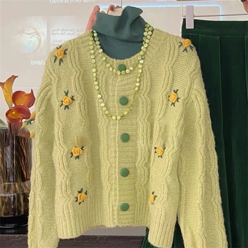 Autumn Winter Women\'s Trendy 3D Flower Vintage Chic Single Breasted Knitted Cardigan Sweet O Neck Long Sleeve Loose Sweater Coat